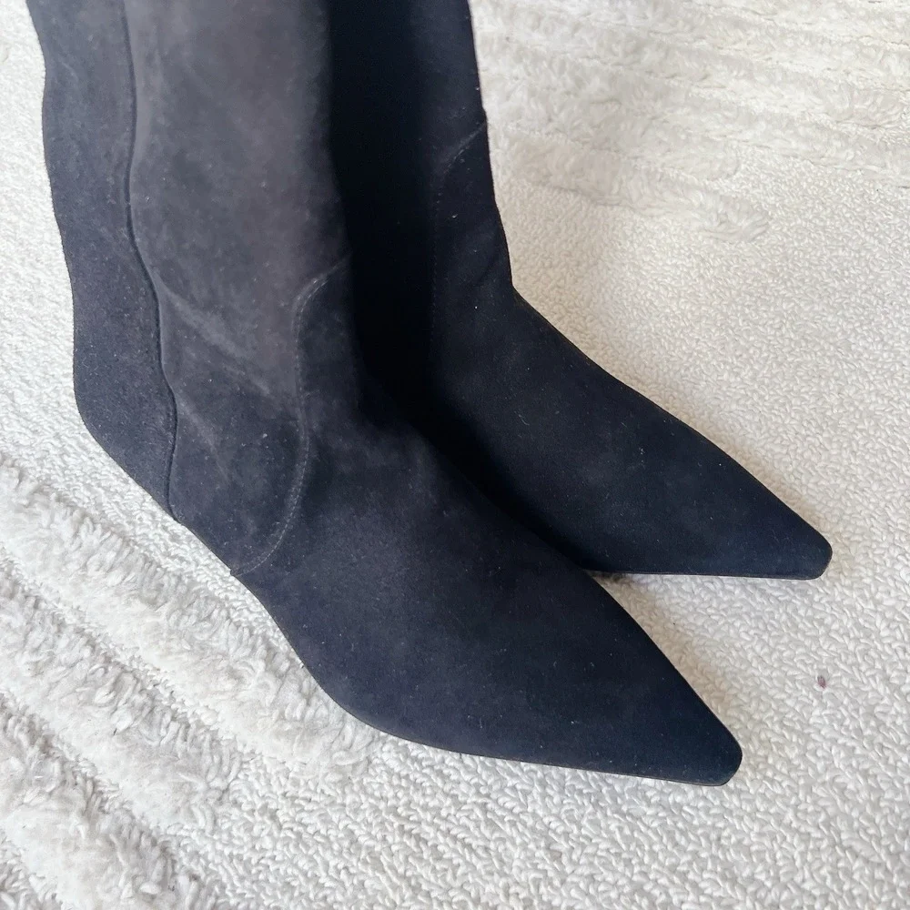 Stuart Weitzman Vinnie 50 Pointed Toe Knee High Boots Black Suede Pull On US 6
